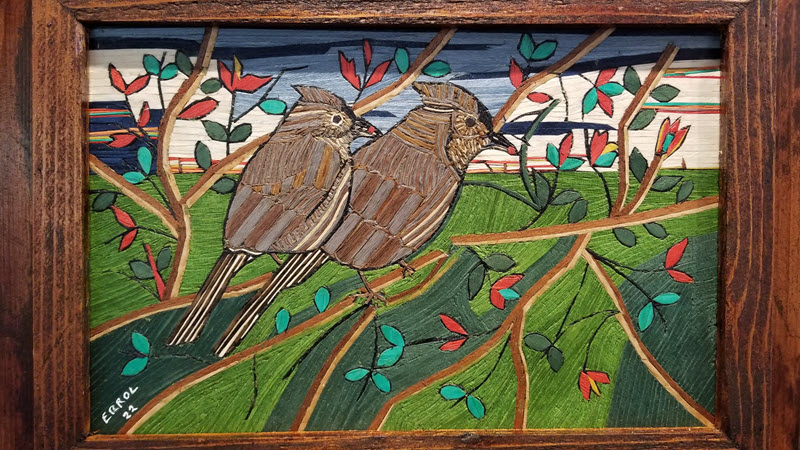 Titmouse Couple, Marquetry wall art by Errol Bruce